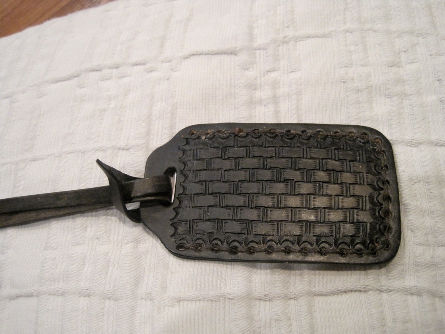 Leather Luggage Tag - Black Basketweave, tooled, travel