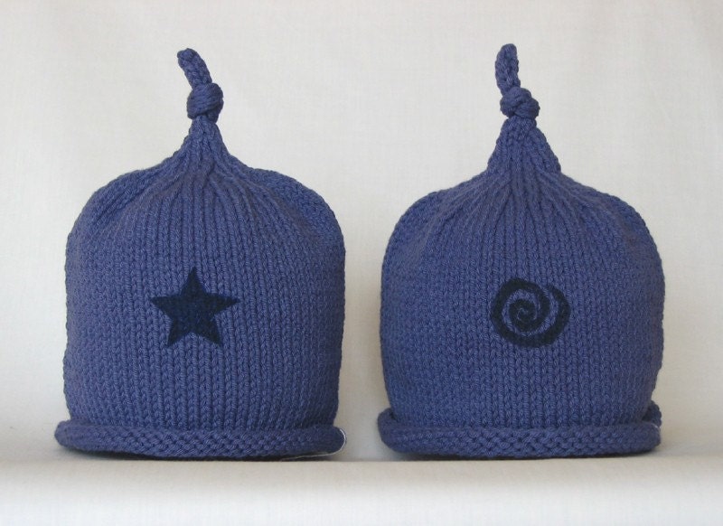 Twin Topknots  Blue handknit baby hats with star or swirl print and top knot