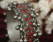 Tribal silver cuff bracelet -- old Kuchi jewelry - red glass stones and gypsy bells -- pin closure -- heavy patina FREE SHIPPING SALE