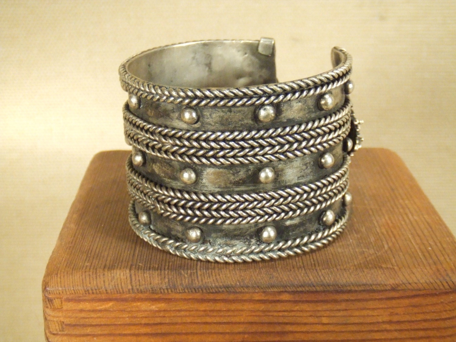 Tribal silver cuff bracelet -- studded dragon head torq style -- Heavy Patina FREE SHIPPING SALE