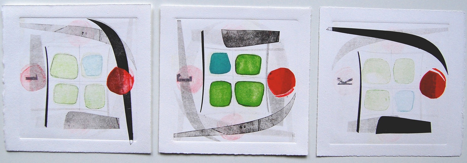 Original Abstract Monoprint : TicTacToe Group of 3