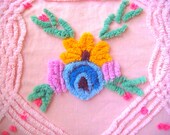 Carnation Pink Floral Vintage Chenille Bedspread Fabric 36x23 Inches