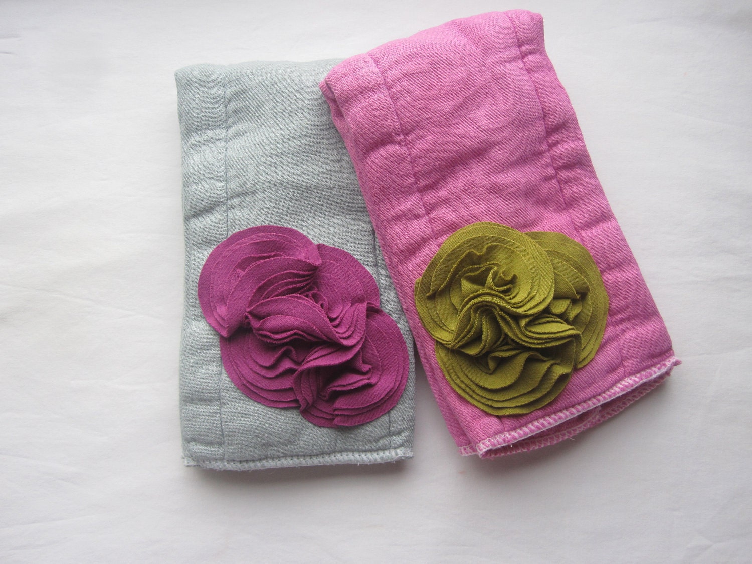 Baby Burpie Set, Burpcloth, Embellished, Hand Dyed Cloth Diaper, Knit Flower Buds, Olive, Grey, Raspberry Pink, Girl