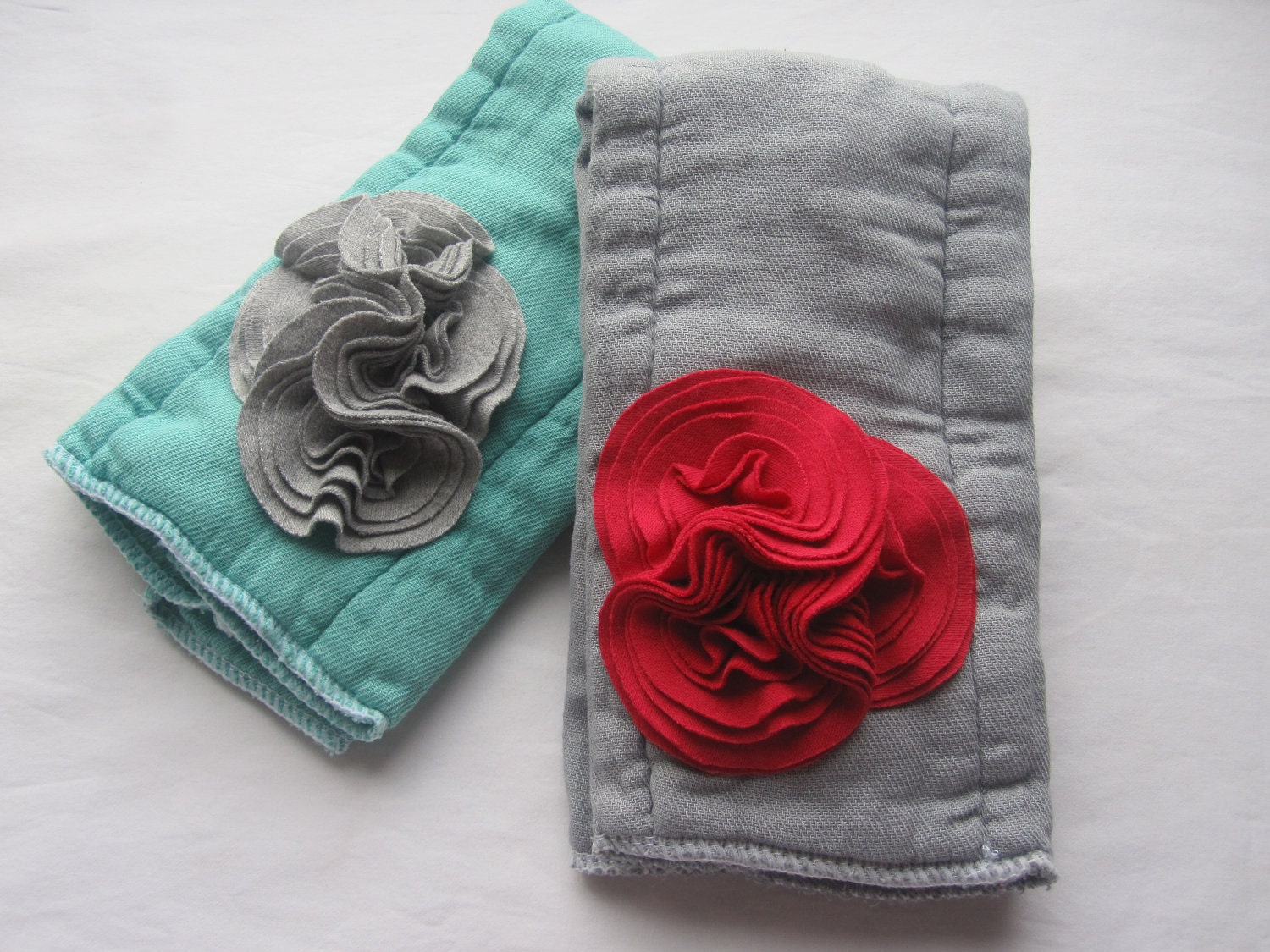 Baby Burpie Set, Burpcloth, Embellished, Hand Dyed Cloth Diaper, Knit Fabric Cluster, Grey, Red, Teal, Boy Or Girl