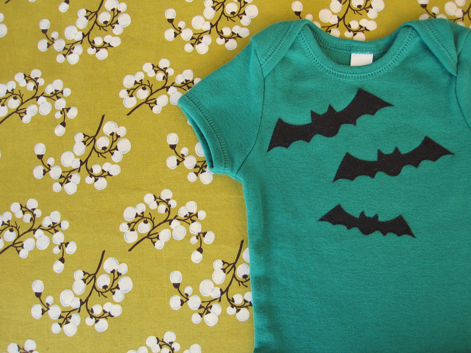 ONLY 3 LEFT, Halloween Baby Onesie, Black Bats On Kelly Green, Boy Or Girl, Handmade Cotton Applique