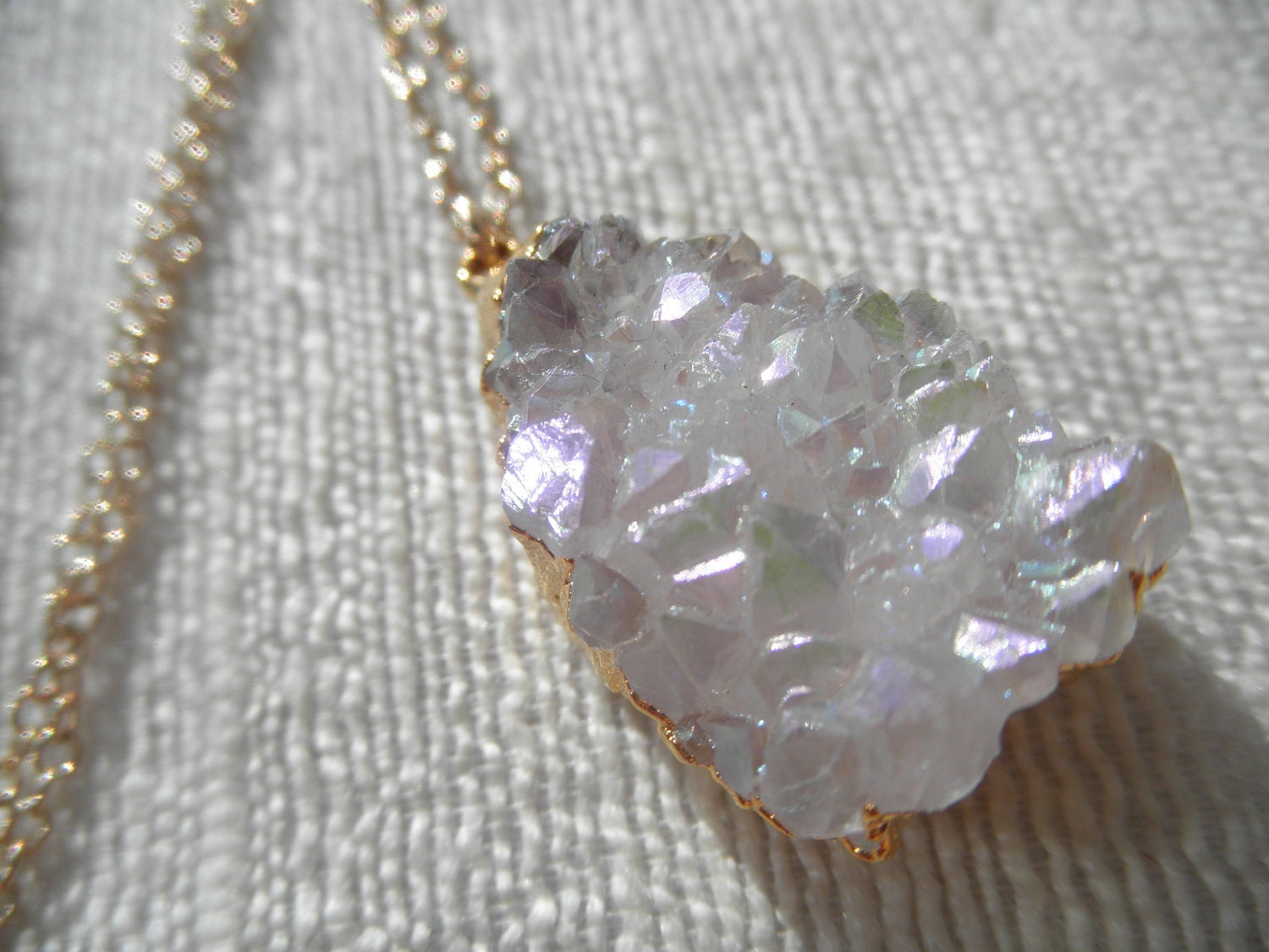 Angel aura quartz - druzy necklace - gold necklace