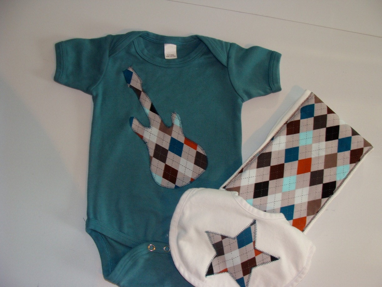 Baby Boys Clothing // Argyle Guitar Rockstar Gift Set // Burp Cloth, Bib and Onesie // Baby Boy Clothes // Baby Boy Gift