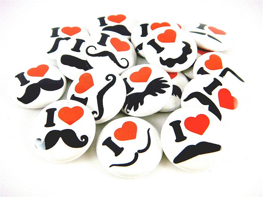 Mustache Love and Hearts in White (Set of 18) - Pinback Buttons - 1 inch 25 mm - Mustache Buttons