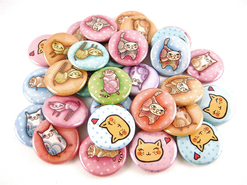 30 Whimsical Cats - Pinback Buttons - Animal Buttons - Cat Party Favors - Kittens
