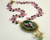 Tinker Bell Bead Embroidered Necklace, EBEG "Fairy Tales" Bead Fest, pink, gold, green, purple