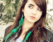 Long Feather Earrings - Green Feather Earrings, Turquoise Feather Jewelry - Emerald Wings