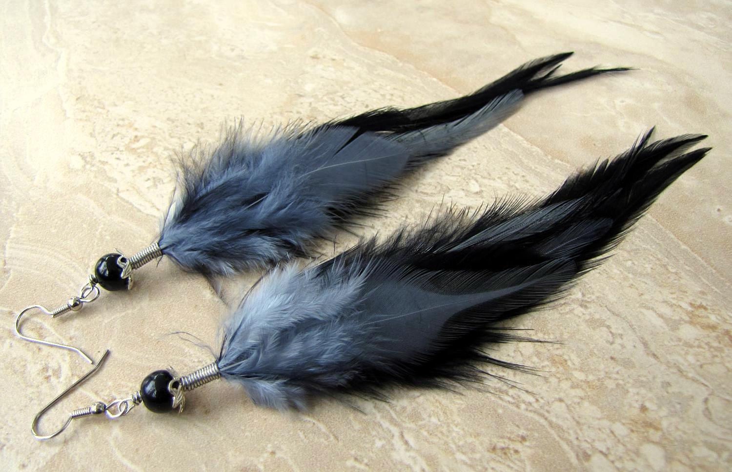 Feather Earrings - Long Feathers, Beaded Feather Earrings, Gray and Black - Smoke