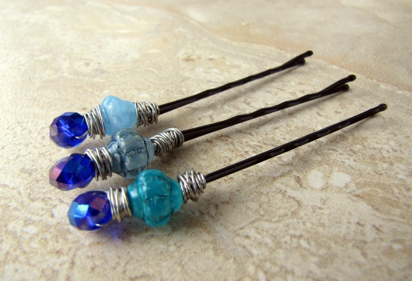 25% OFF SALE (Use Coupon Code FORMOM25) Beaded Bobby Pins - Blue Czech Glass and Crystal Beads - Set of 3