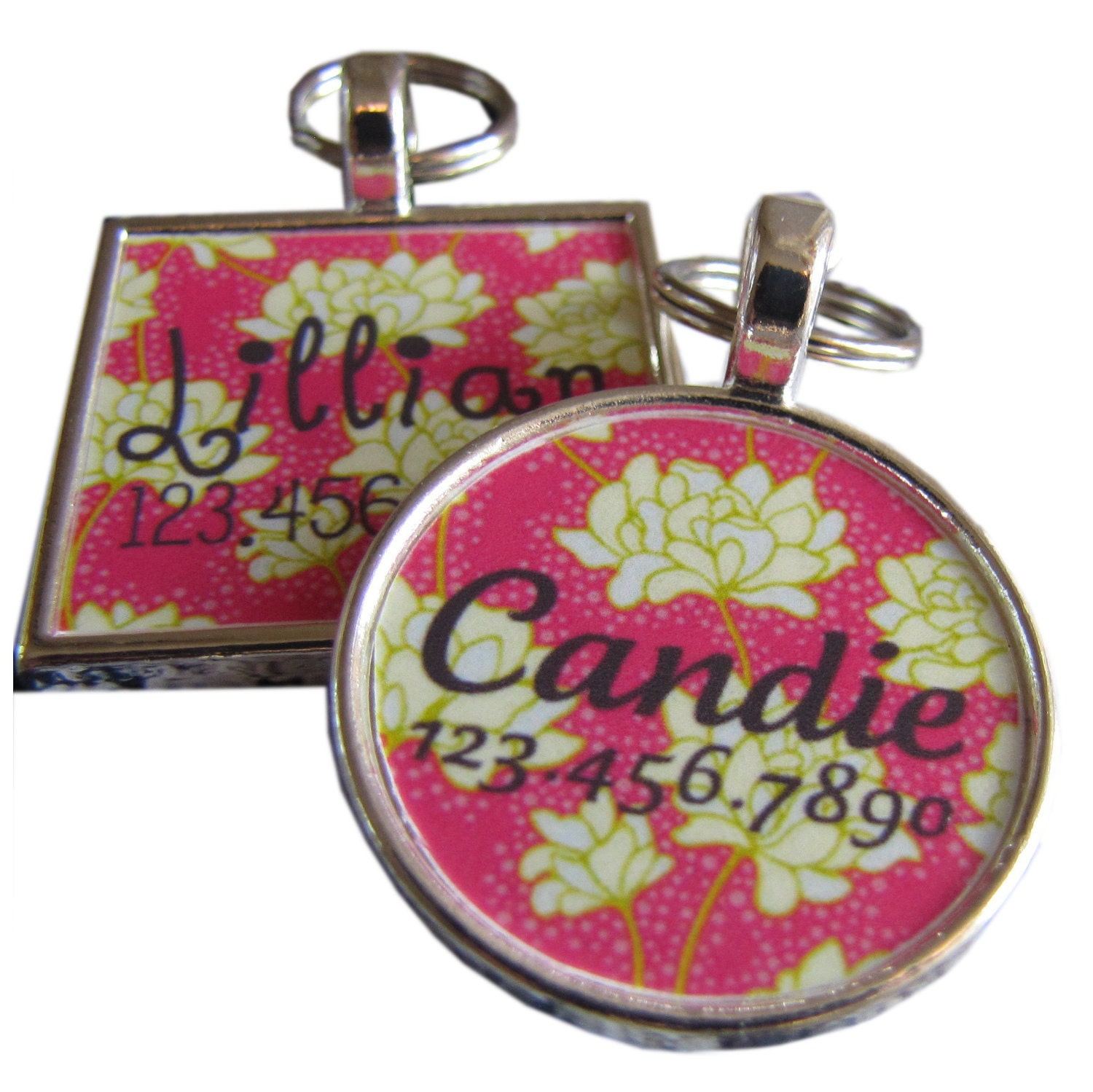 Bright Pink Floral Custom Silver Pet ID Tag