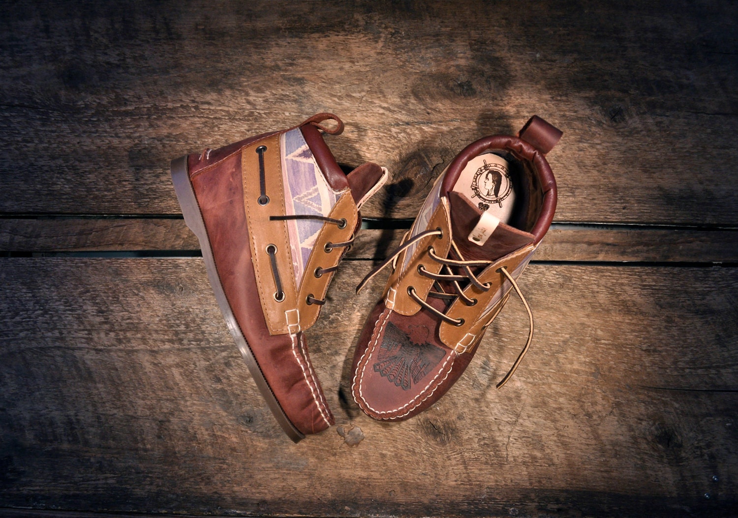 Handcrafted HIGHTOP Leather Boat Shoes - Purple, Maroon, and Southwest Style Print - Etched Eagle - MADE to ORDER