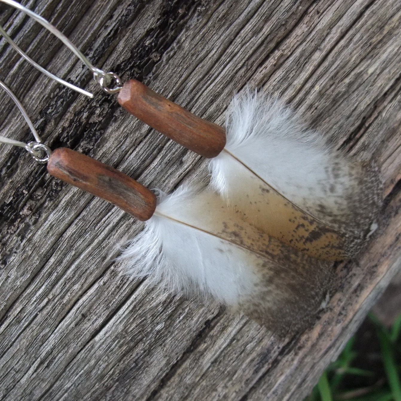 Feather Earrings Barn Owl and wood - naturally sourced and handmade with respect & love