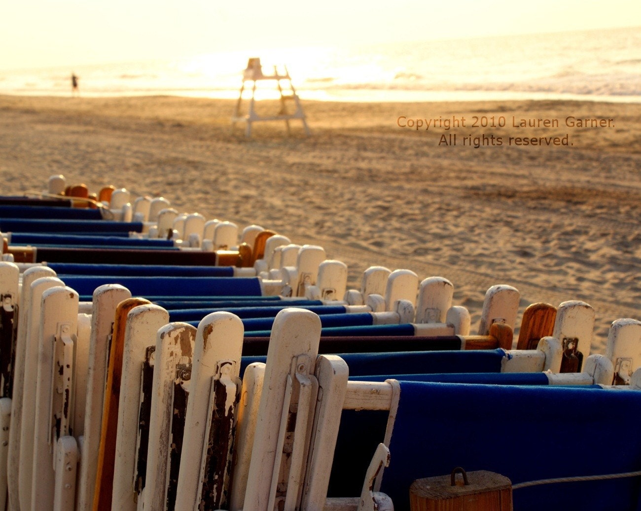 Sunrise on the Shore - Beach Nautical Photography Decor Sunset Yellow Sun Blue Brown Chairs Fine Art Lustre Print - 8x10 Photograph