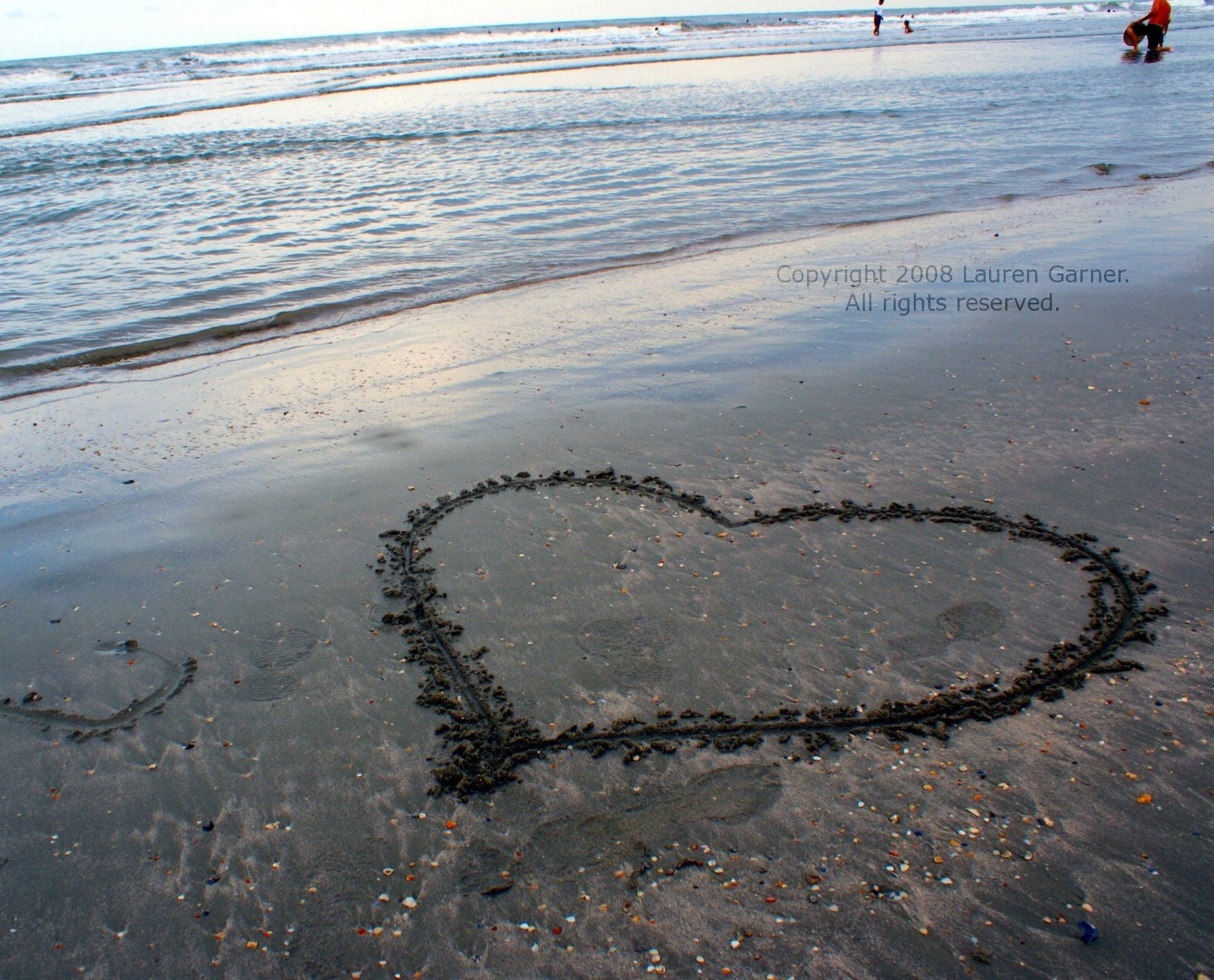 Love Washed Ashore (No. 2) - 8x10 Photograph - Heart Drawn in Sand Beach Wedding Engagement Gift Blue Gray Grey Art Print Wall Hanging Decor