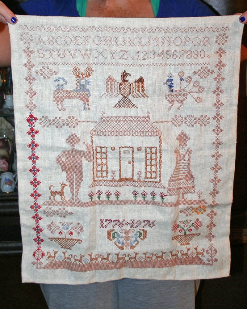 Unfinished Bicentennial USA Cross Stitch Sampler on Linen