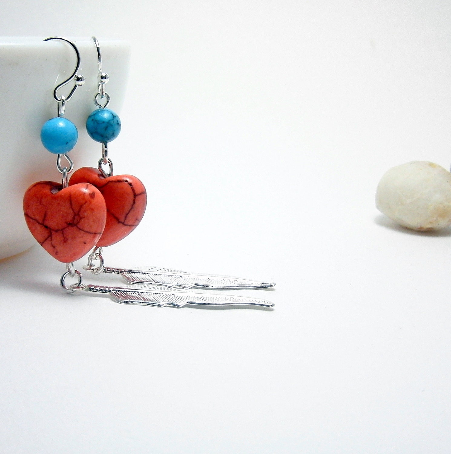 Heart Earrings Lovely Orange and Turquoise