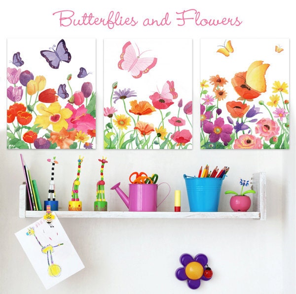 Butterflies and Flowers Fine Art Prints 8x10 - Set of 3 - Pink, Purple, and Yellow Orange