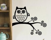 OWL perched on a Swirly Leaf Tree Branch Vinyl Wall Decal sticker art graphic - Small