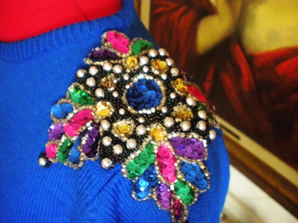 1980s Blue Sweater Dress with Gem/Sequin Shoulders
