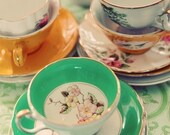 Shabby Chic Holiday Photograph - Before the Party 5x7 Print - charming teacup photo mint green mustard yellow Hostess Gift Under15