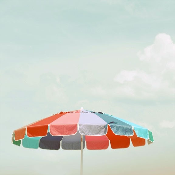 Beach Umbrella - 5x5 Original Signed Fine Art Photograph - summer rainbow colors - fun cottage print - beachy home decor