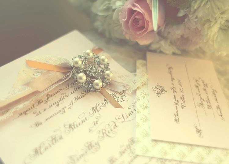Couture Calligraphy Wedding Invitations with brooch and thermography Love No.1047