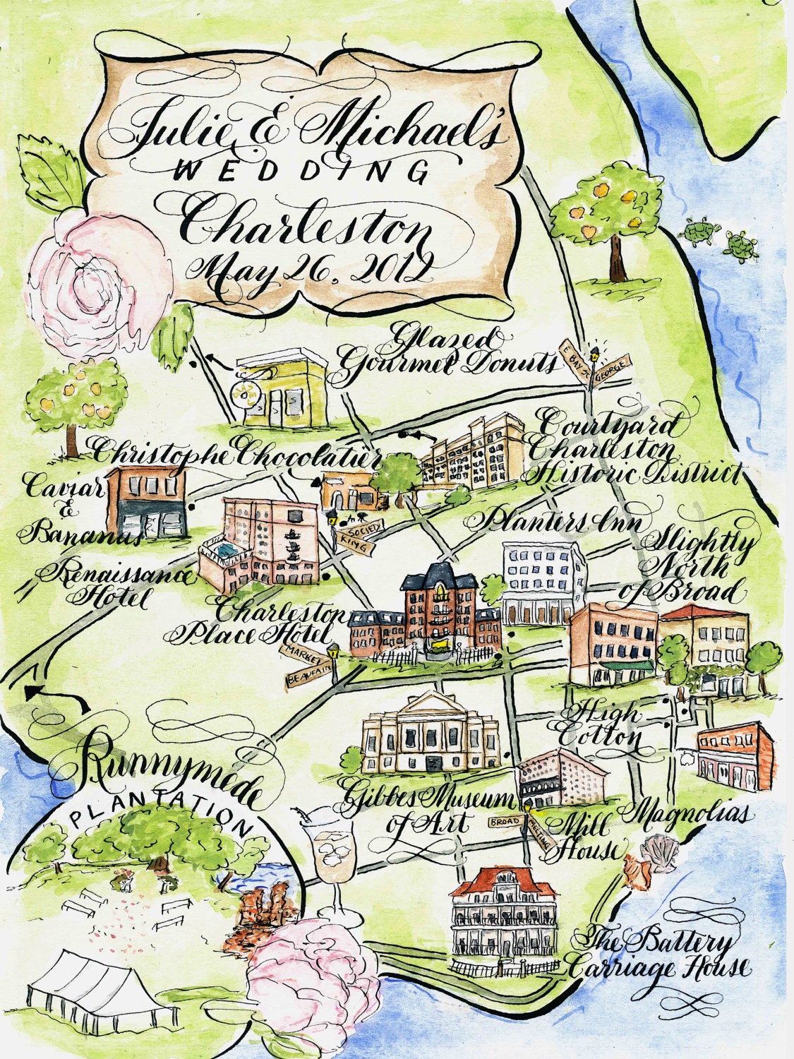 Watercolor Wedding Map DIY, print at home or order prints