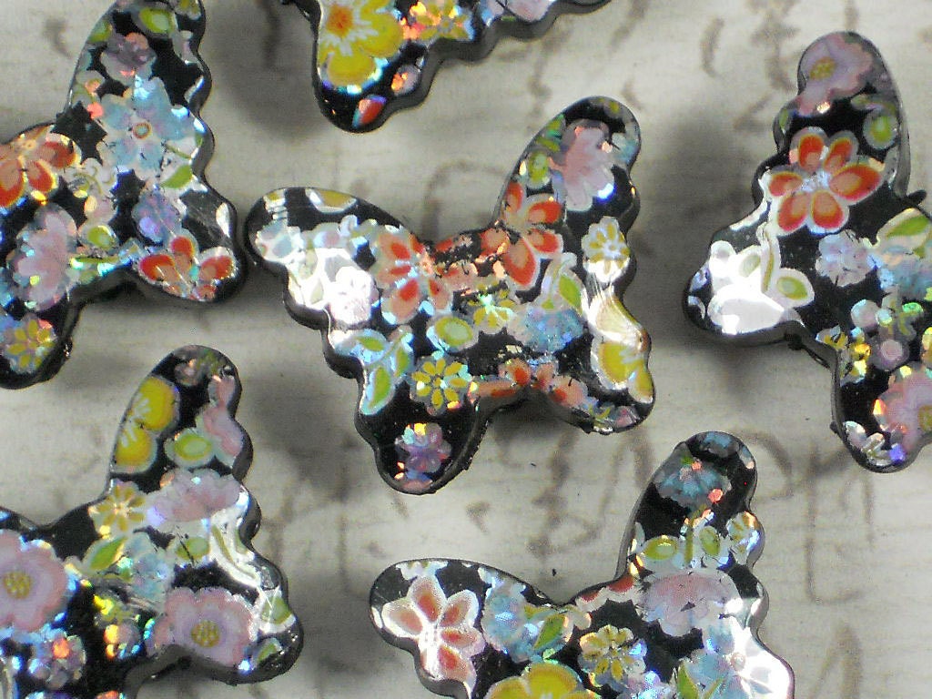 15 Black Butterfly Beads 24mm BLING Metallic Flowers Acrylic Wedding Table Decor Floral Supplies (C202)