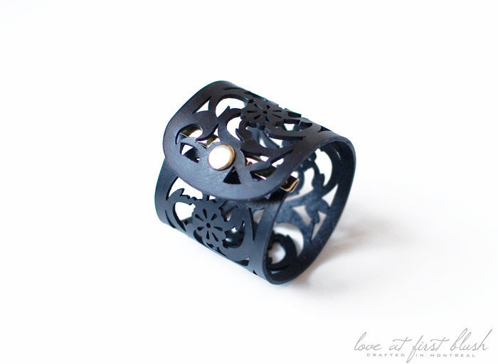 Leather Cuff Bracelet - "Rose Lace" Bracelet in Black Leather