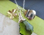 Lucky Shamrock and Pot of Gold Necklace, Good Luck Jewelry, Irish Jewelry, 4 Leaf Clover,