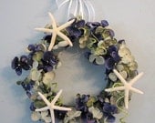 Beach Decor Seashell Wreath - Nautical Decor Hydrangea Wreath w White Starfish, 6 in