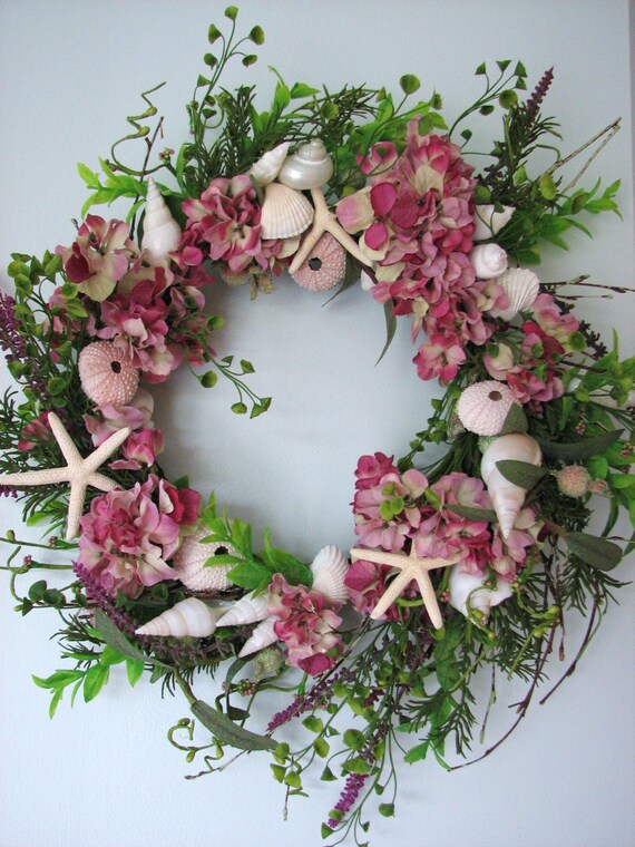 Seashell Wreath with Pink Hydrangeas and Starfish