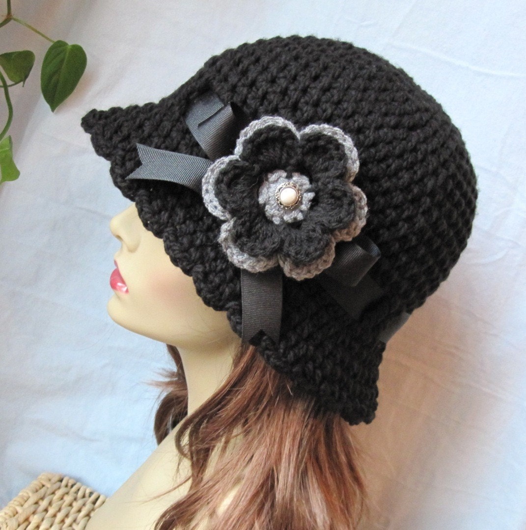 Black Womens Hat Cloche, Black Ribbon, Flower, Gray, Pearl, Birthday Gifts, Wedding Hat, Tea Party, Photo Prop, JE276CRFALL5