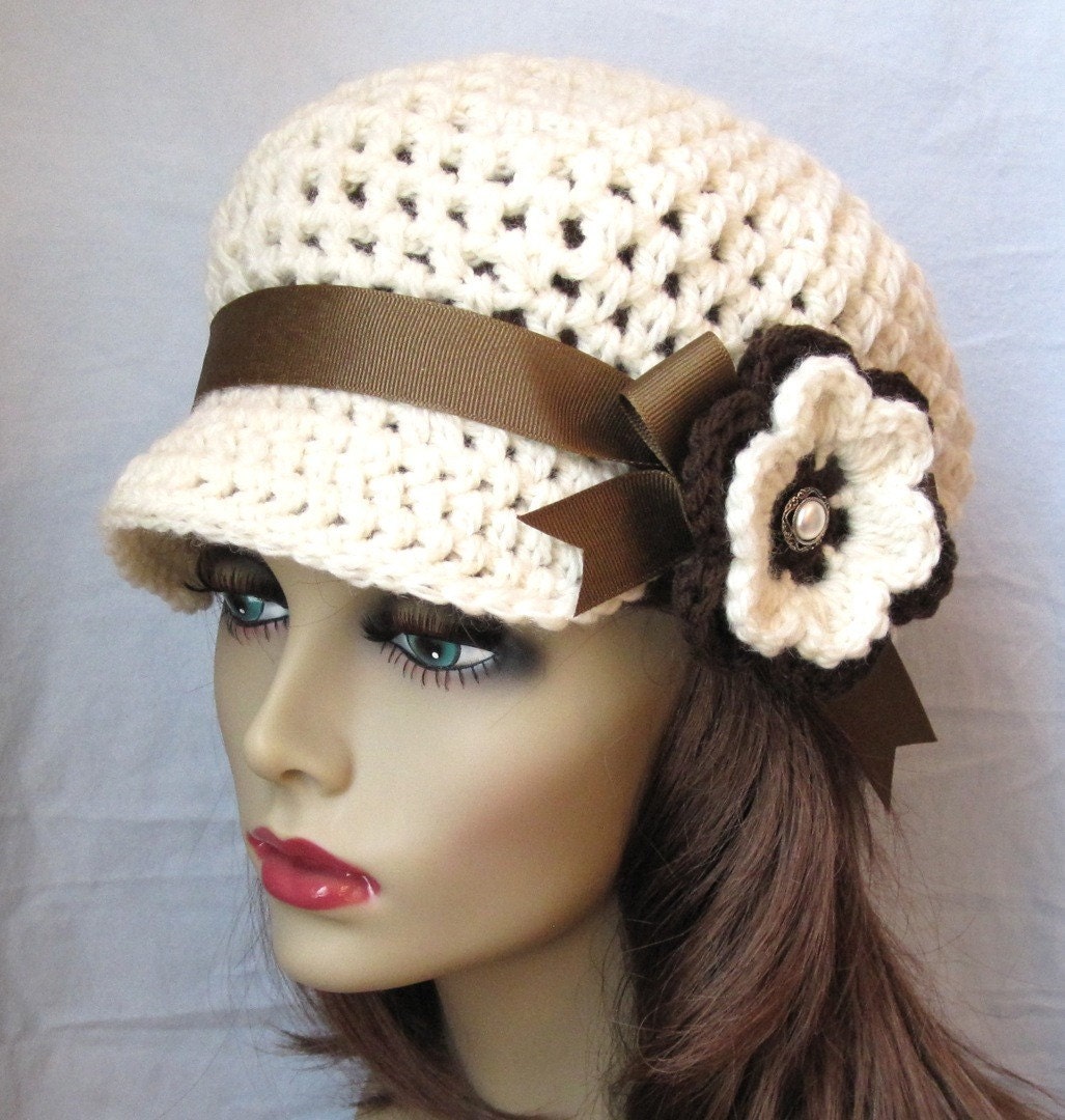 SALE Crochet Newsboy Womens Hat, Teens Girls, Off White, Natural, Brown Ribbon, Flower, Gifts for Teens, Birthday Gifts for Her JE144NFRALL1
