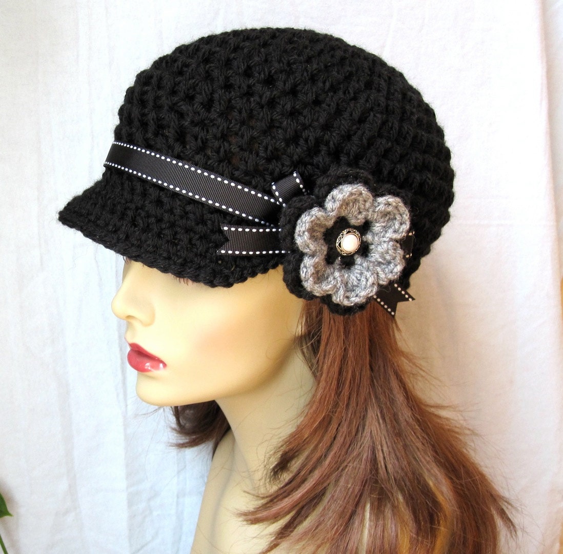 Crochet Newsboy, Hat, Black, Ribbon, Flower, Gray, Pearl Button, Gifts for Her, Birthday Gifts JE148NFRALL6