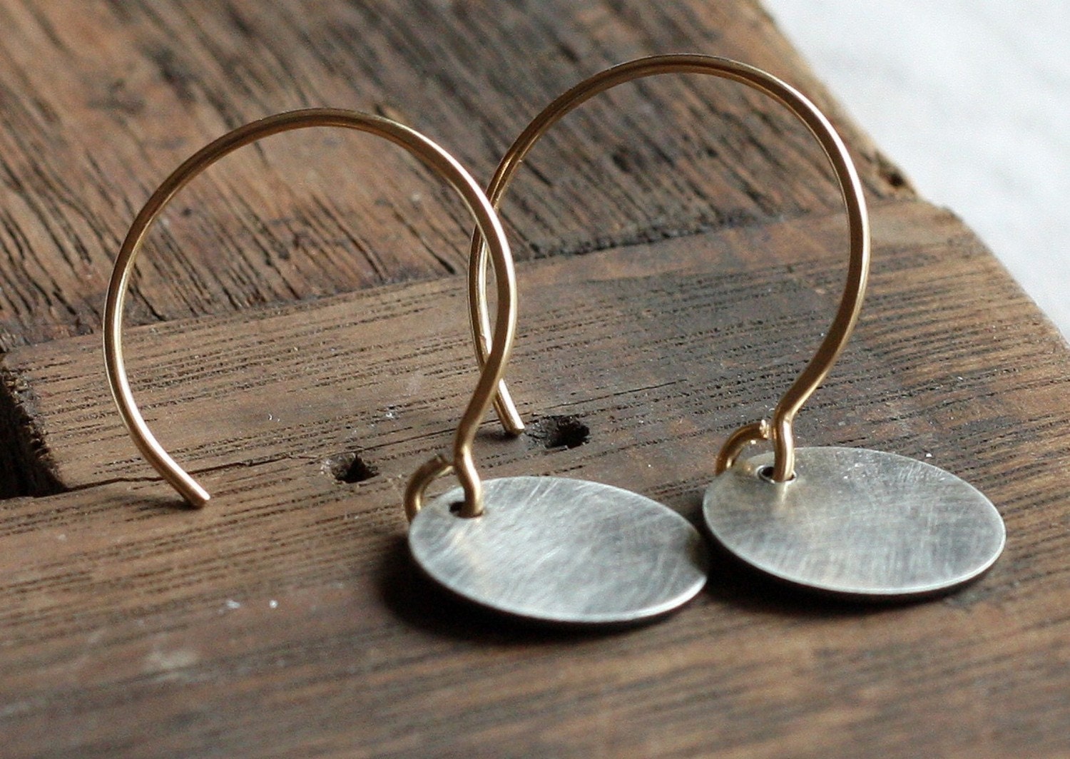 small oxidized recycled silver disk and gold earrings- the luna mini