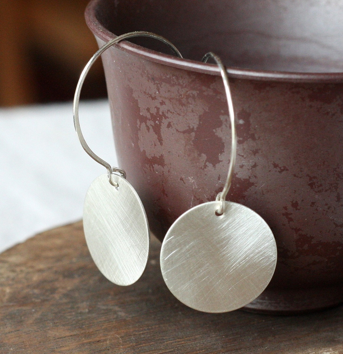 large brushed recycled silver disk earrings- the solstice