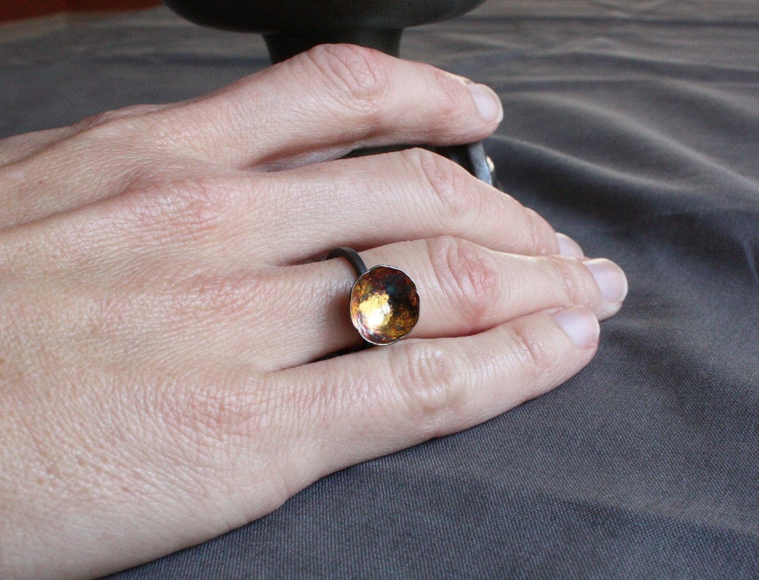 industrial recycled sterling and 24k gold ring- the dark mirror ring