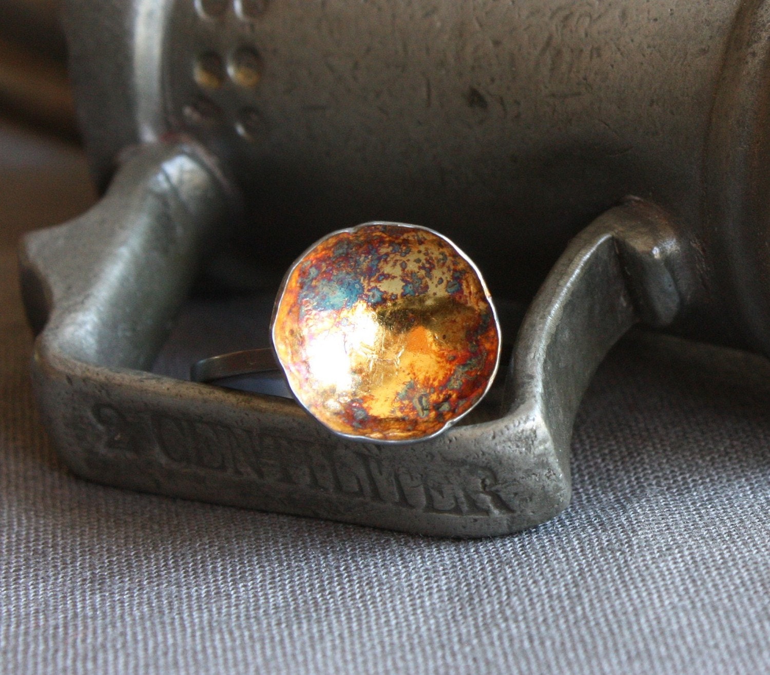 industrial recycled sterling and 24k gold ring- the dark mirror ring