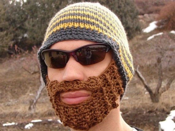 yellow and gray striped bearded beanie