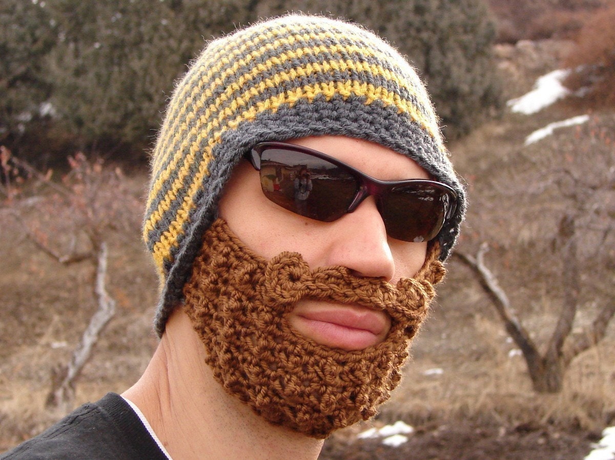yellow and gray striped bearded beanie - S/M