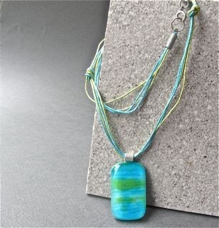 Blue and Green Casual Handmade Fused Glass Necklace