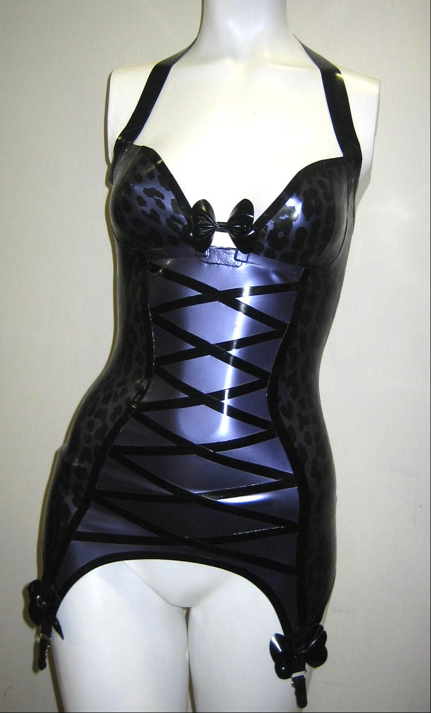 Metallic purple leopard print latex garter mini dress by Venus Prototype