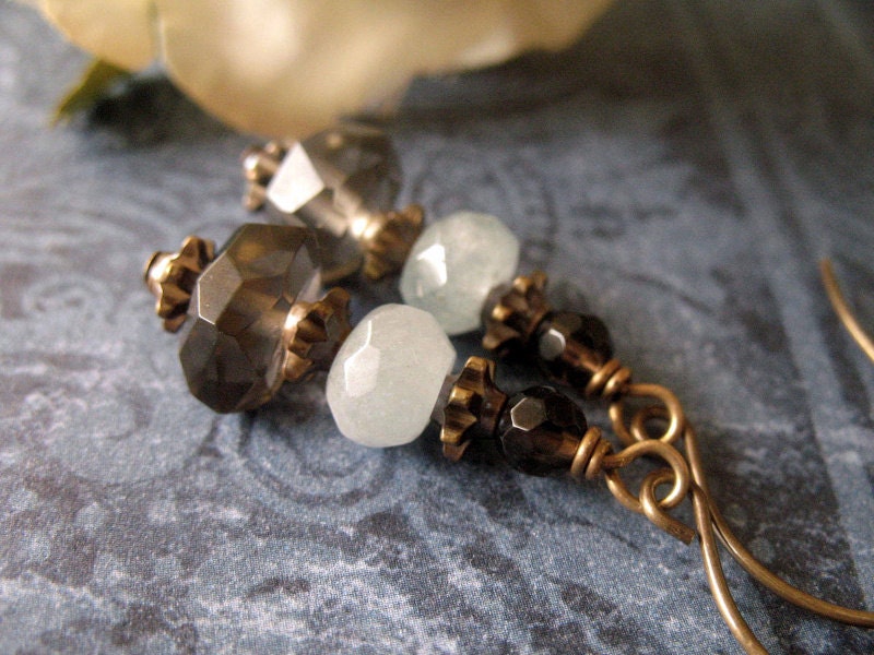Aquamarine and Smoky Quartz Earrings, Vintaj Brass - Ella