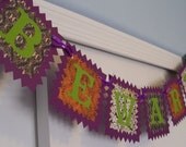 SALE - was 16.20 - BEWARE / Jack-o-Lantern Halloween Banner, Garland, decoration, party swag bunting green black orange purple paper