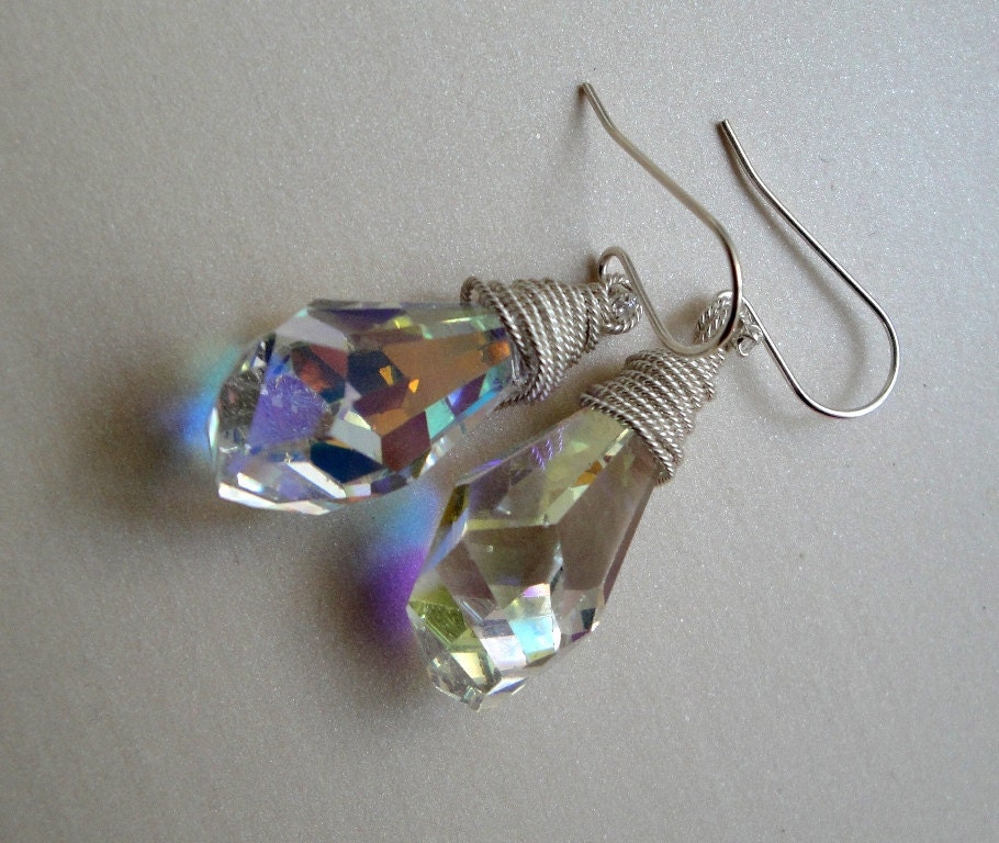 Wire Wrapped Swarovski Crystal Sterling Silver Earrings - by timA- Ready to Ship